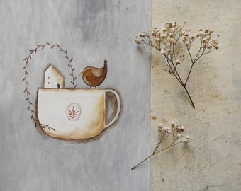 Una taza especial Pintura al óleo, ilustración, Obra de arte original sobre papel