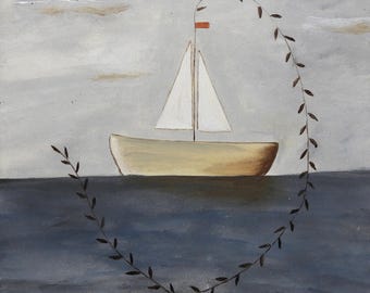 Navegación, Pintura al óleo sobre papel, ilustración sobre un velero, Obra original sobre papel