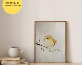 Arte mural imprimible de pájaro amarillo, pintado a mano, póster imprimible DIY, descarga instantánea, animales del bosque