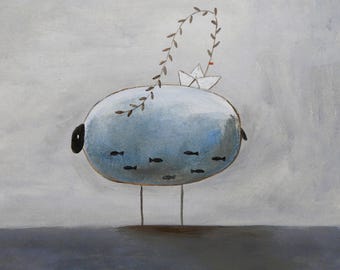 Una oveja extraña, pintura al óleo sobre papel, ilustración sobre animal, obra de arte original en papel