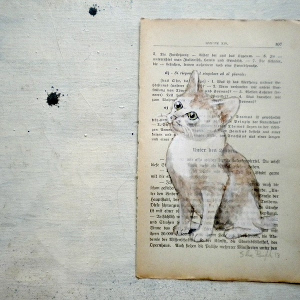 cat  portrait original painting  watercolors and tempera  on page of antique book