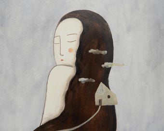Pintura al óleo original sobre papel: Retrato de mujer, arte mural para decoración del hogar