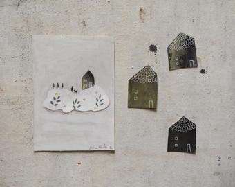 La casa en la nube - pequeño cuadro original - arte mural - decoración del hogar - hogar - ooak