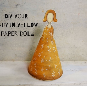 Signora in giallo ocra stampabile decorazione gioco di carta in pdf DOWNLOAD IMMEDIATO - bambola fai da te - illustrazione stampabile