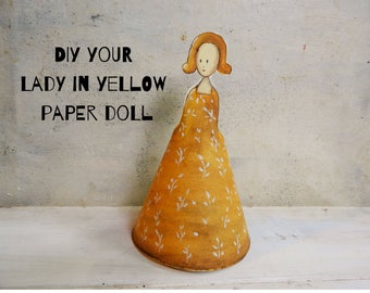 Muñeca de papel amarillo ocre: Decoración DIY imprimible (PDF)