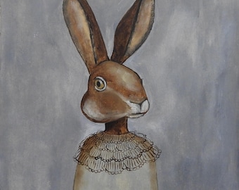 La liebre vestida, pintura al óleo, ilustración, obra de arte original sobre papel.