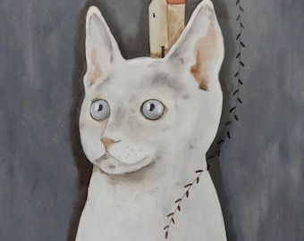 Pintura al óleo de gato gris: retrato animal caprichoso, obra de arte A4