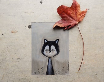 Pintura de un bebé lobo azul: pequeño retrato original al óleo de una mascota