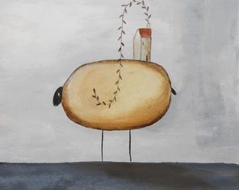 Una oveja extraña, pintura al óleo sobre papel, ilustración sobre animal, obra de arte original en papel