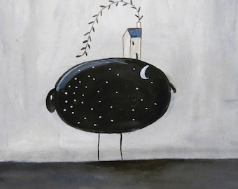 Una oveja negra extraña, pintura al óleo sobre papel, ilustración sobre animal, obra de arte original en papel