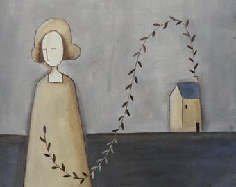 La mujer y la casa, Pintura al óleo, ilustración, Obra original sobre papel