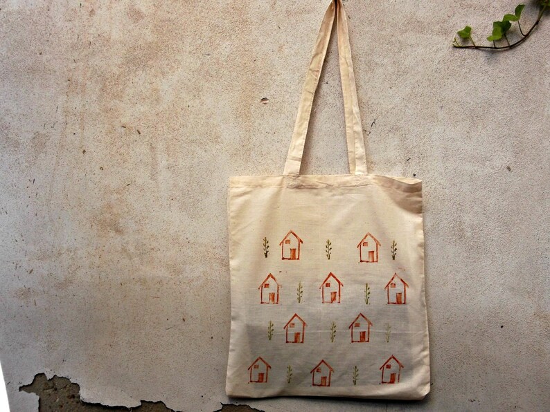 houses canvas tote bag hand stamped in cotton fabric reusable shopping bag in natural color with log handles