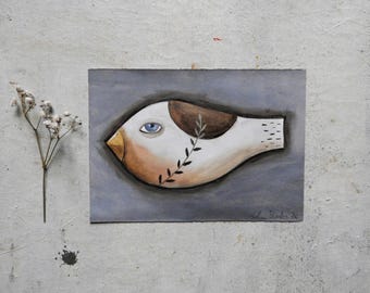 Pájaro extraño, pintura al óleo original, retrato de un pequeño animal