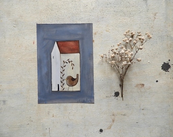 La casa y el pájaro - pequeño cuadro original - arte mural - decoración del hogar - hogar - ooak