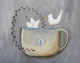 Una taza de té especial sobre el mar, pintura al óleo, ilustración, obra de arte original sobre papel
