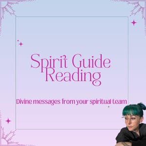 May include: A pink and purple gradient background with a white square in the center. The text "Spirit Guide Reading" is in pink and the text "Divine messages from your spiritual team" is in white. A woman with green hair and glasses is in the bottom right corner of the image.