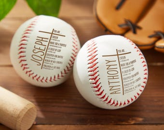 Regalo cristiano de béisbol personalizado: recuerdo de primera comunión y bautismo.