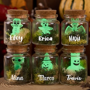 以下が含まれることがあります： コルクの蓋が付いた6つの小さなガラス瓶。それぞれに、光る緑色のハロウィーンのフィギュアと装飾用の苔が入っています。瓶には、Kiley、Erica、Nadia、Alina、Marco、Travisという名前が付けられています。瓶は木製の表面に配置されています。