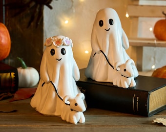 Figura de fantasma de Halloween de resina con perro: decoración espeluznante hecha a mano
