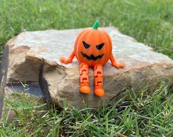 May include: An orange Halloween pumpkin figure with a carved face, green stem, and articulated legs and arms. The pumpkin is sitting on a rock, with green grass in the background.