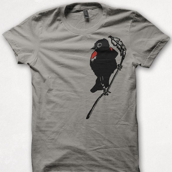 Mens Redwing Blackbird Tshirt Screenprinted Bird Shirt Graphic Tee - Concrete