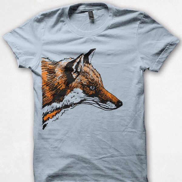 Mens Tshirt, Graphic Tee, Red Fox, Fox Shirt, Forest and Fin, Screenprint T - Light Blue