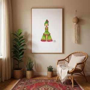 Abito rosa - Illustrazione di moda, stampa, poster da parete, disegnato a mano / Decorazione per la casa, cucina, camera da letto e soggiorno
