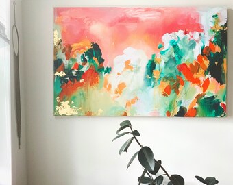 Bliss - Abstract Acrylic Painting - Large Statement Art - 30x48 Inches - Gallery Wall - Orange Green Peach Gold - Modern
