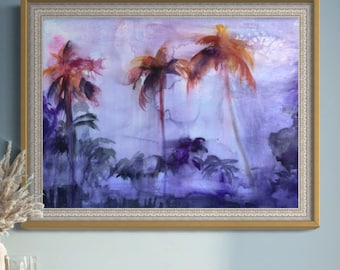 West Palm Beach - Oryginalny obraz akwarelowy - Sztuka palmy - Boho - Boho - Floryda - Fioletowy - Spalonej pomarańczy - Zachód słońca - Tropikalny