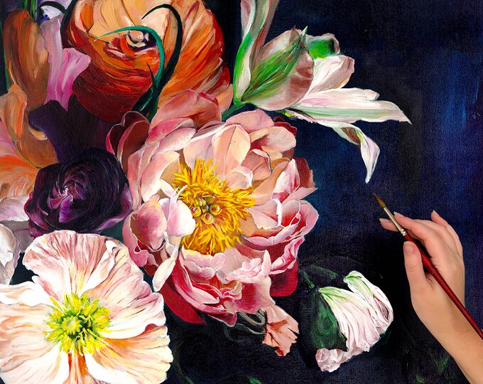Resplendence Art Print - Still Life - Flowers Ranunculus - Floral - Gallery Wall - Rainbow - Painting - Realism - Peony - Dutch - Navy Black
