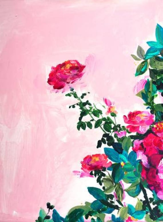 Rose Garden I Art Print - Roses Art - Flowers - Garden - Floral - Acrylic Painting - Pink - Gallery Wall - Plants on Pink