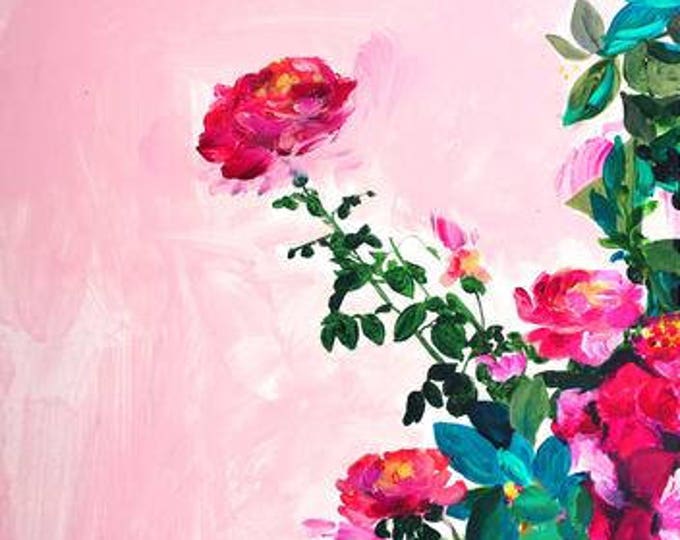 Rose Garden I Art Print - Roses Art - Flowers - Garden - Floral - Acrylic Painting - Pink - Gallery Wall - Plants on Pink
