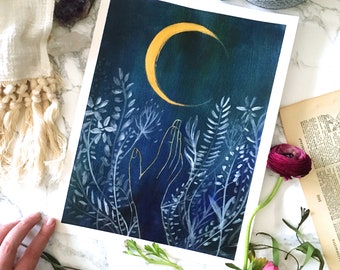 Flower Moon - Moon Art Print - Garden - Goddess - Boho - Bohemian Decor - Giclee Print - Girls Room - Space - Night Sky - Stars