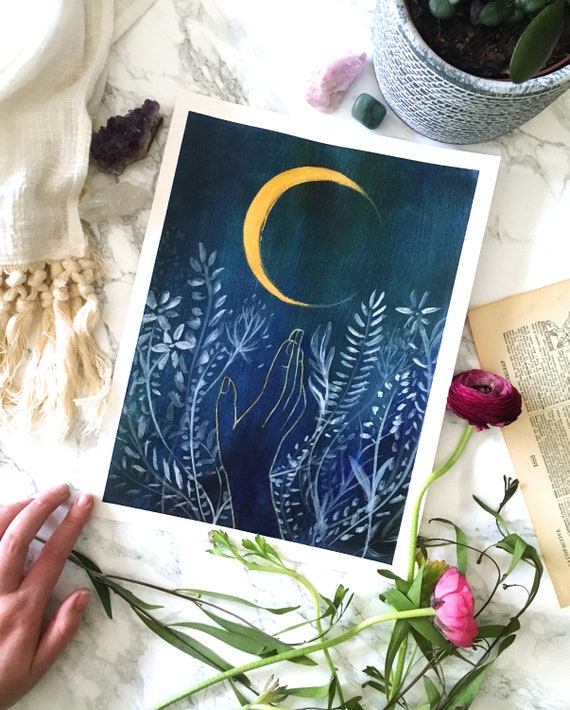 Flower Moon - Moon Art Print - Garden - Goddess - Boho - Bohemian Decor - Giclee Print - Girls Room - Space - Night Sky - Stars