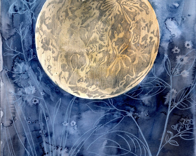 Moon Garden -  Watercolor Painting - Night - Flowers - Garden - Luna Moth - 11x14 Giclee Print - Drawing - Illustration
