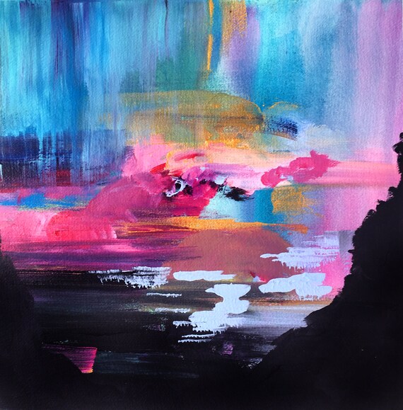 Northern Lights - Watercolor - Abstract Painting - Pink - Landscape - Illustration - 11x11 Giclee Print - Home Decor - Bright - Magenta