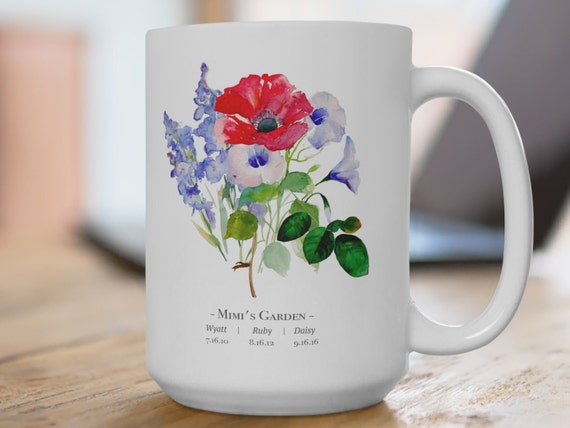 Custom Mug - 15 oz Large Size Mug - The Best Mom Gift - Customizable - Grandmas Garden - Mothers Day Gift - Family Flower Bouquet