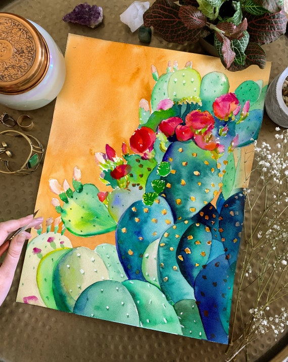 Cactus Garden Art Print - Desert Art - Flowers - Garden - Floral - Watercolor Painting - Gold - Gallery Wall - Boho - Bohemian