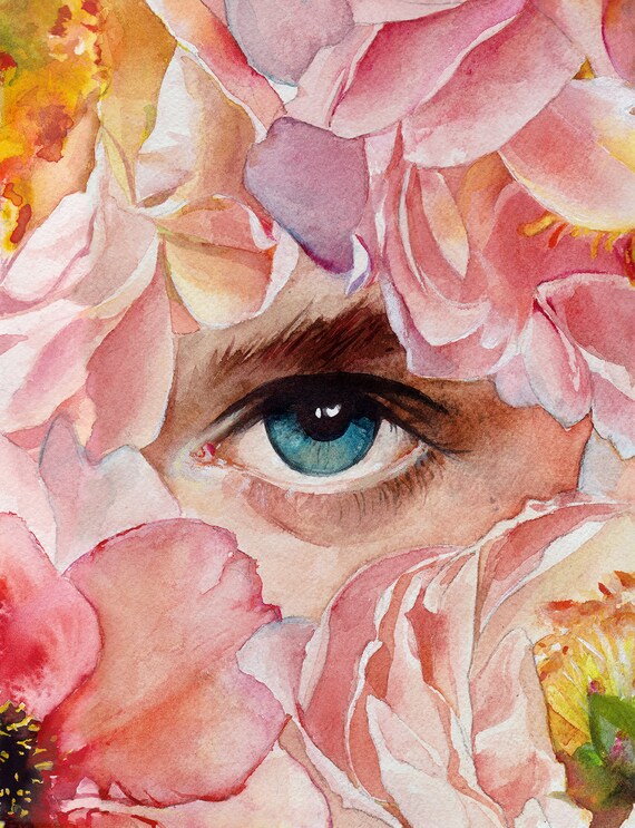 The Seeker Art Print - Magical Realism - Flowers - Eye - Metaphysical - Third Eye - Floral - Painting - Chakra - Peony - Floral Watercolor