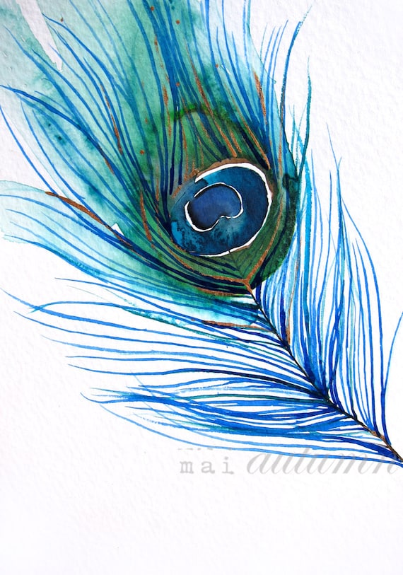 Feather Watercolor - Peacock Feather I - Bird Painting - Bright Color - 11x14 Giclee Print - Wall Art - Watercolor Painting - Nature