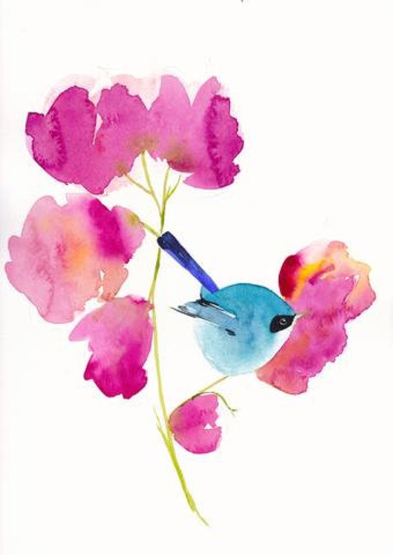 Bird Watercolor Painting - Bluebird Art - Gift for Her - Blue Bird in the Blooms - Giclee Print