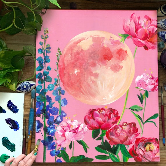 Honeymoon - Art Print - Moon - Garden - Peony - Pink - Luna - Witchy - Astrology - Pink Moon - Lunar - Roses