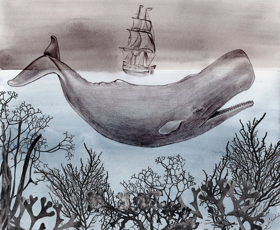 Gift for Him - Pen and Ink Illustration-  Watercolor Painting - Whale Art - Gift for Him - The Sea - Giclee Print - Drawing