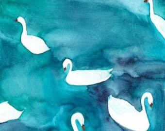 Swans Art Print - Modern Art - Abstract - Birds - Lake - Watercolor - Gallery Wall - Turquoise - Painting