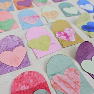 Mini envelopes and hearts - 25 of each, 1.5" square, dyed paper, die cut