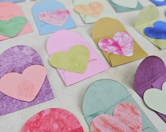 Mini envelopes and hearts - 25 of each, 1.5" square, dyed paper, die cut