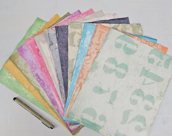 NUMBER STENCILS paper bundle- 12 Full Page size, dyed, textured art papers, art journal, junk journal