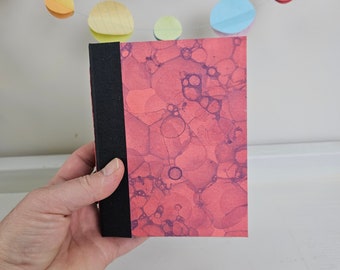 Small blank journal with dyed/altered pages- RED BUBBLES cover - small notebook, diary, handmade blank book