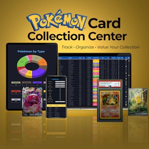 May include: A promotional image for a Pokémon Card Collection Center. The image features a tablet, smartphone, and laptop displaying card collection data, alongside graded Pokémon cards. The text reads "Track • Organize • Value Your Collection."