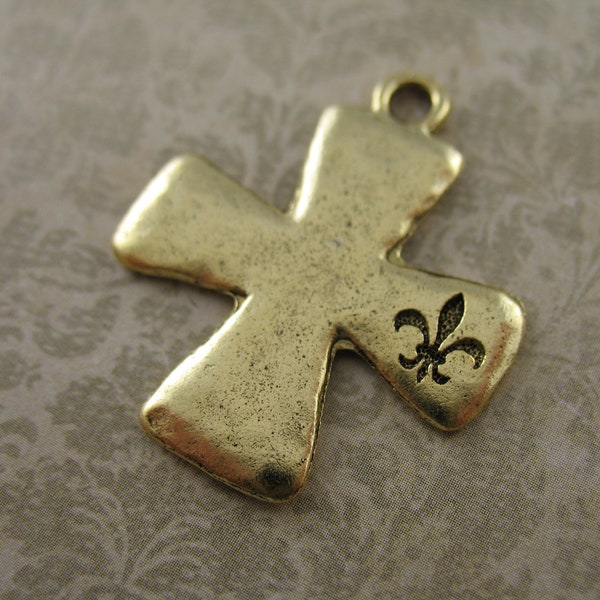 Gold Cross Engraved Fleur de Lis Religious Charms Pendants 24K Rosary Parts Christian Religious Jewelry